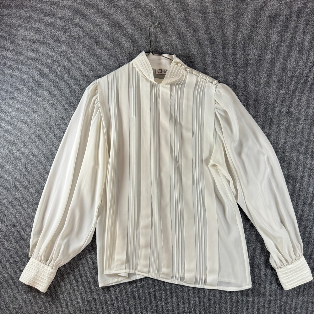 Vtg Chaus Blouse Top Women 14 White Pleated High Neck Pearl Shoulder Long Sleeve